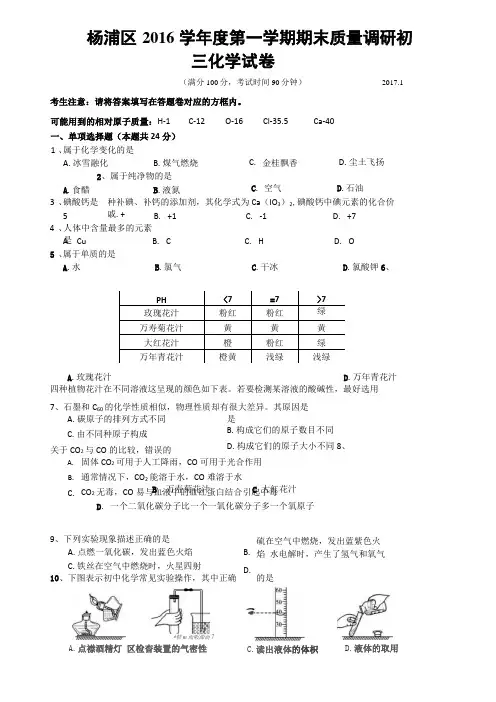 上海2017杨浦区初三化学一模试卷含答案
