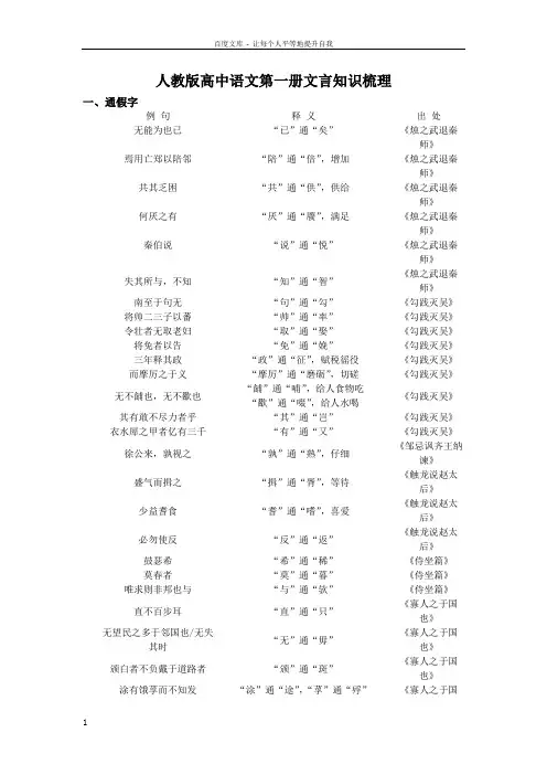 人教版高一年级语文上册文言文知识汇总