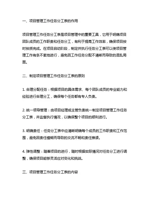 下列关于项目管理工作任务分工表的说法