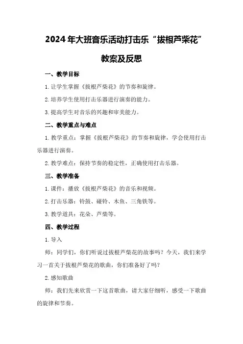 2024年大班音乐活动打击乐‘拔根芦柴花’教案及反思