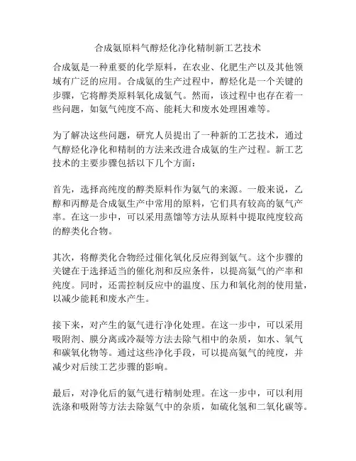 合成氨原料气醇烃化净化精制新工艺技术