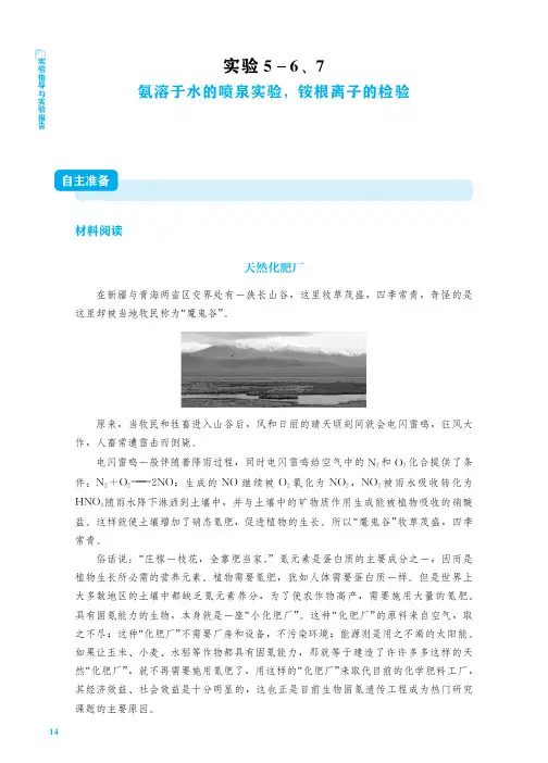 人教版高中化学必修二《氨溶于水的喷泉实验,铵根离子的检验》实验报告