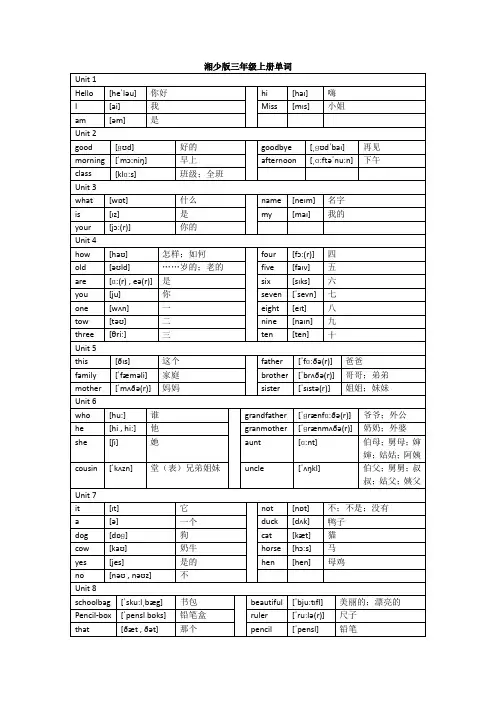湘少版三年级上下册英语单词