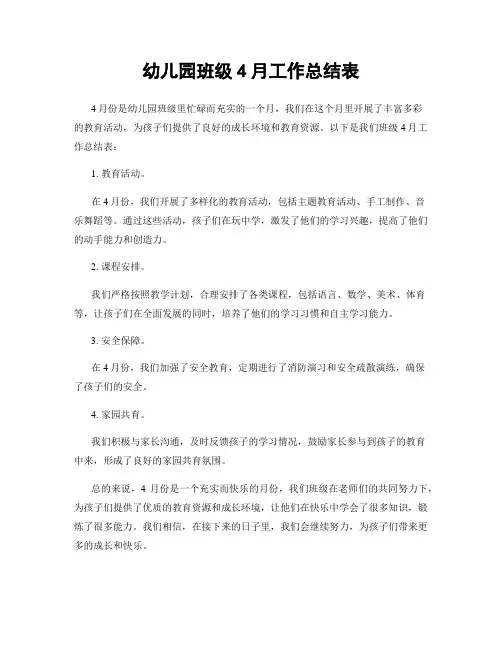 幼儿园班级4月工作总结表