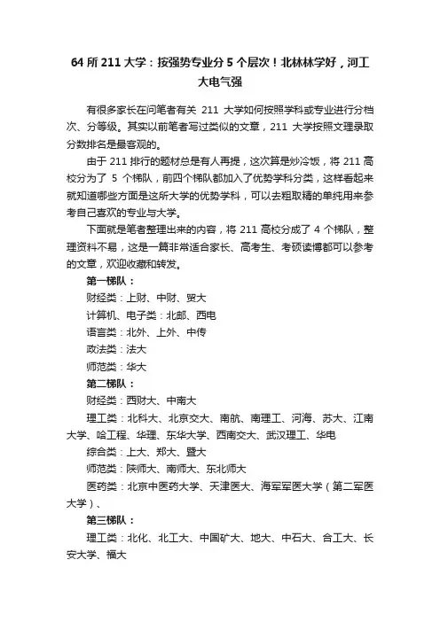 64所211大学：按强势专业分5个层次！北林林学好，河工大电气强