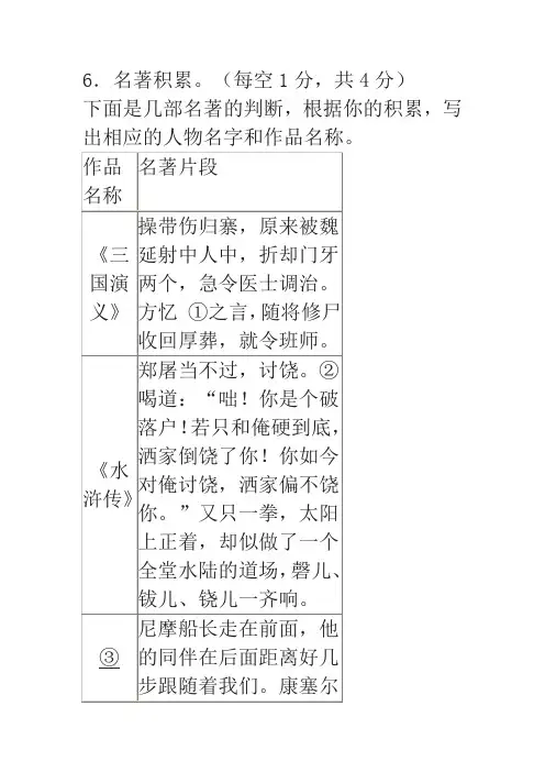 2017年湖北省黄石市中考《名著阅读》