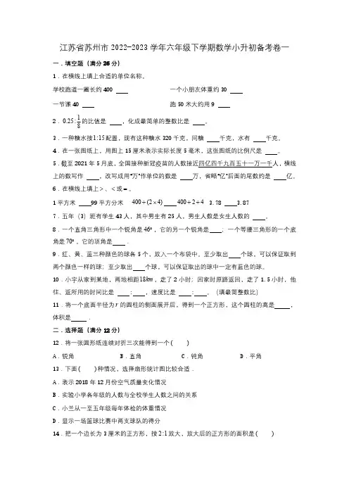 江苏省苏州市2022-2023学年六年级下学期数学小升初备考卷一(苏教版)(含解析).doc
