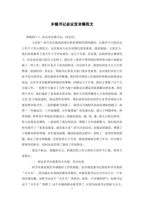 乡镇书记会议发言稿范文