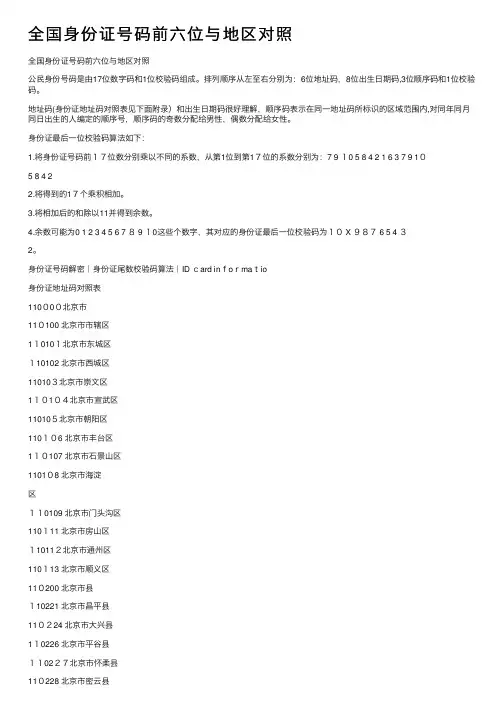 全国身份证号码前六位与地区对照