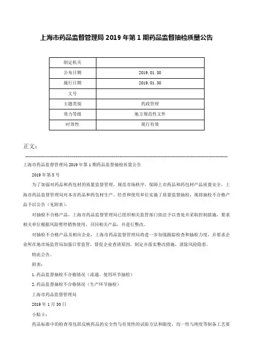 上海市药品监督管理局2019年第1期药品监督抽检质量公告-