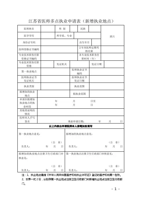江苏省医师多点执业申请表(新增执业地点)