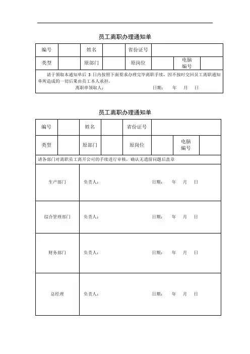 员工离职办理通知单