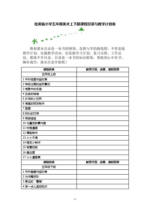 桂美版小学五年级美术上下册课程目录与教学计划表