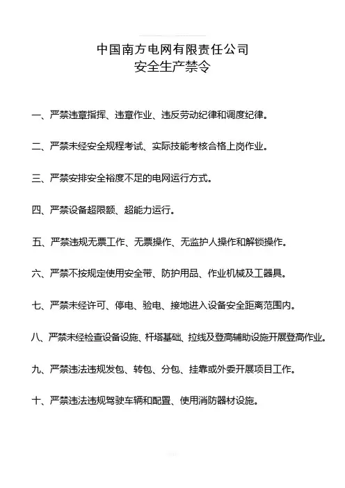 中国南方电网有限责任公司安全生产禁令