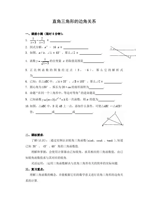 初中数学 导学案1：直角三角形的边角关系