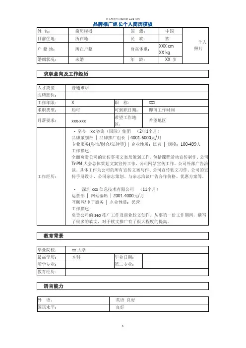 品牌推广组长 个人简历模板