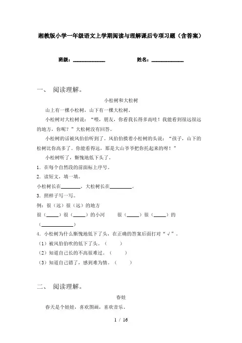 湘教版小学一年级语文上学期阅读与理解课后专项习题(含答案)