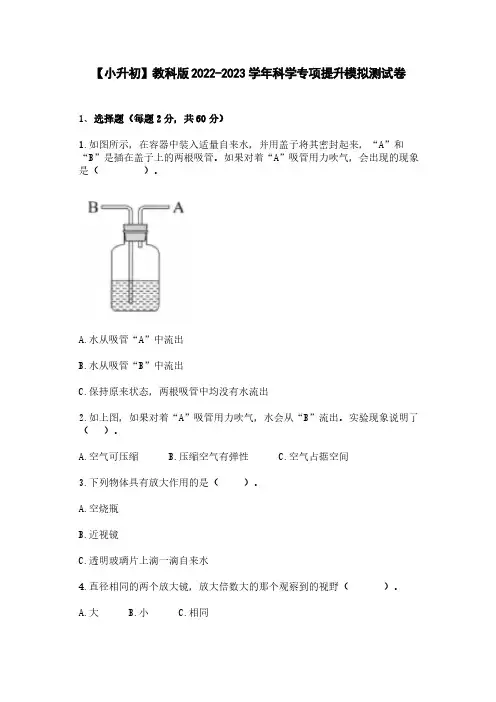 【小升初】教科版2022-2023学年科学专项提升模拟测试卷(含解析)