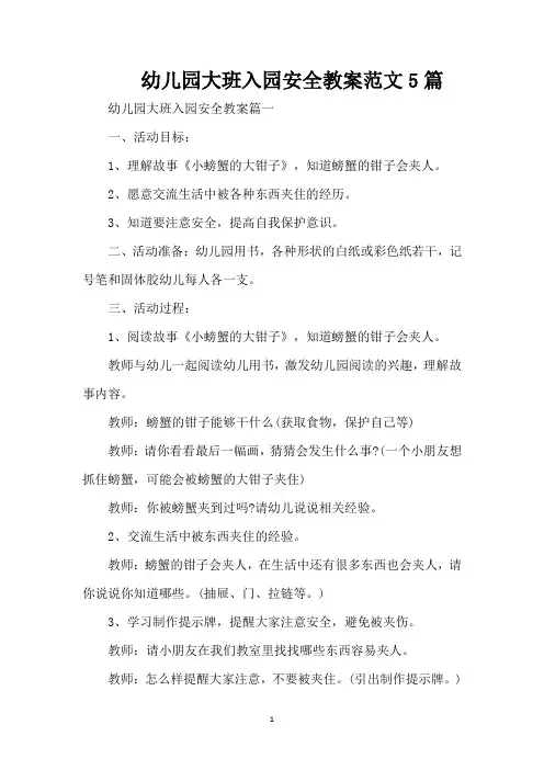 幼儿园大班入园安全教案范文5篇（精编版）