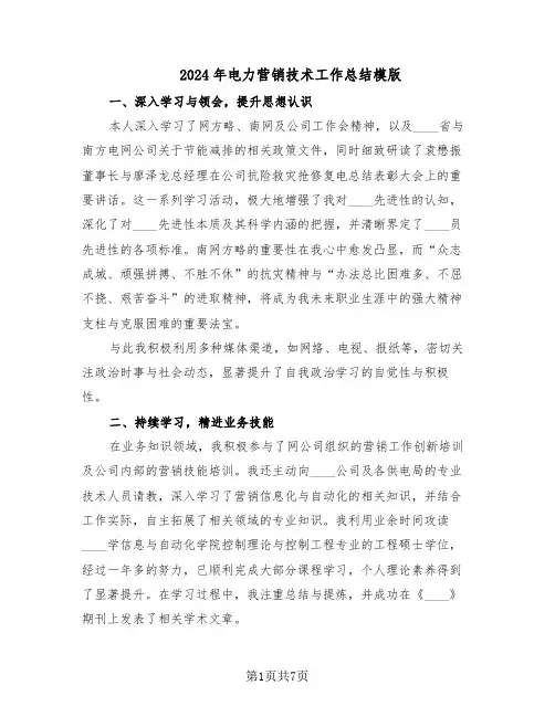 2024年电力营销技术工作总结模版（3篇）