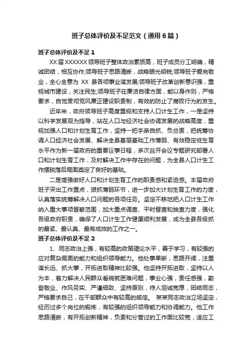 班子总体评价及不足范文（通用6篇）