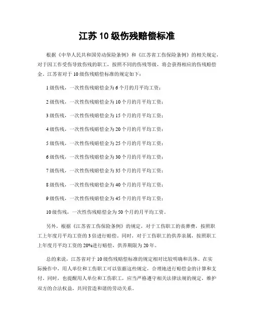 江苏10级伤残赔偿标准