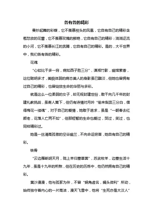 高一作文：各有各的精彩作文800字