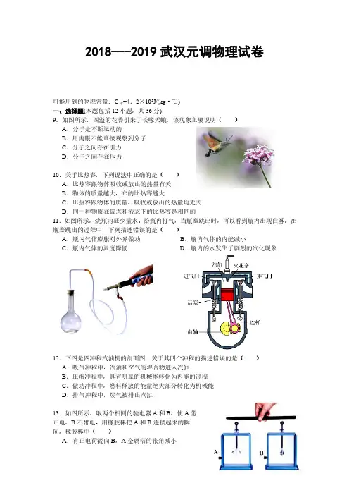 2019武汉元调物理试题(含答案)