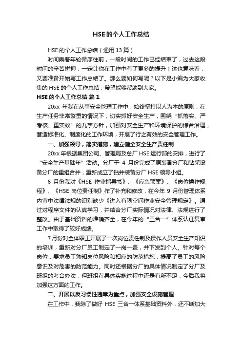 HSE的个人工作总结（通用13篇）