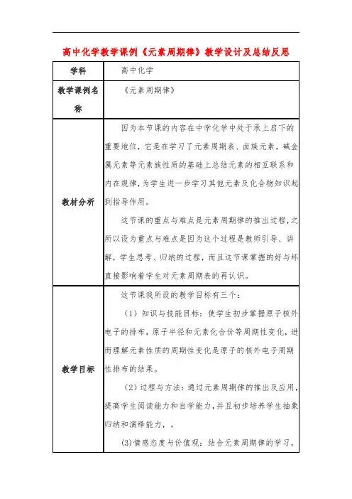 高中化学教学课例《元素周期律》课程思政核心素养教学设计及总结反思
