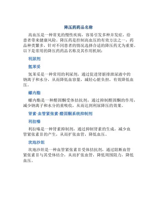 降压药药品名称