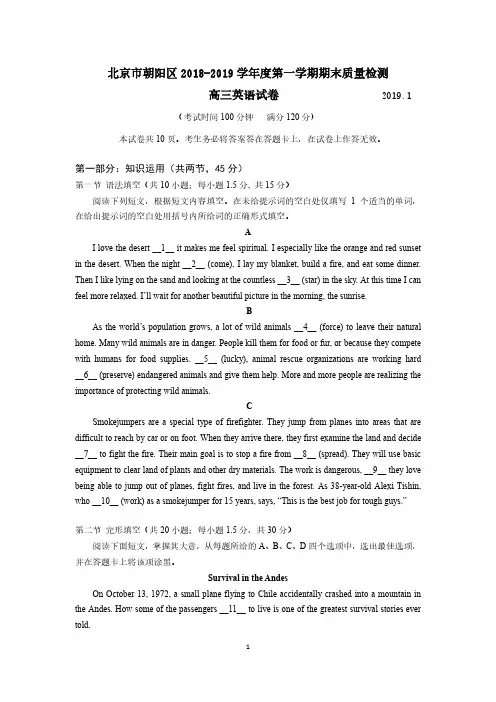 北京市朝阳区2019年上学期高三期末英语试卷