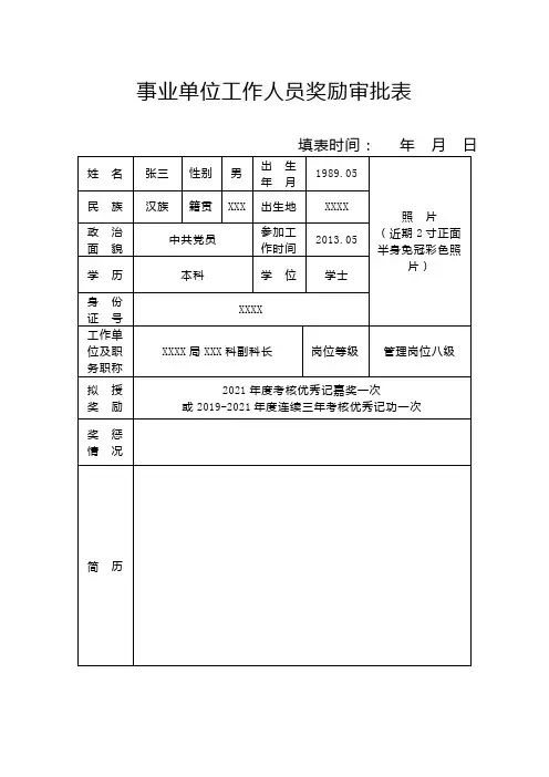 事业单位工作人员奖励审批表