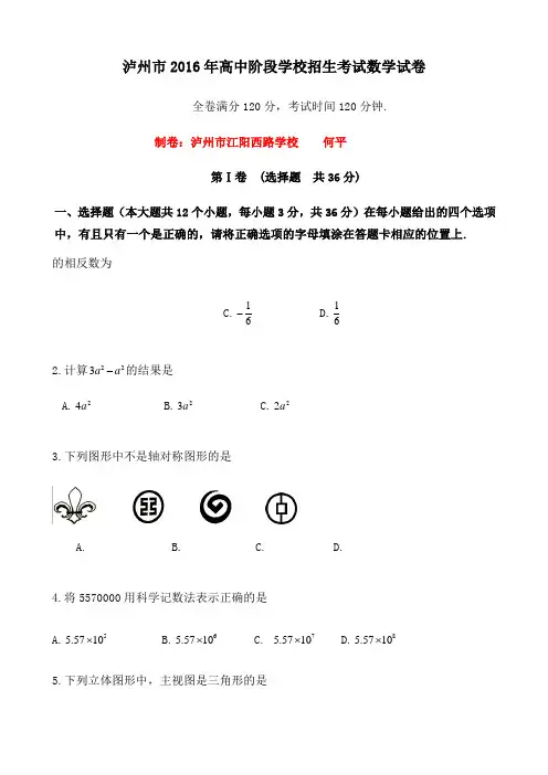 泸州中考数学试题及参考答案