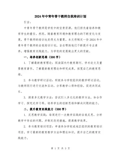 2024年中青年骨干教师自我培训计划