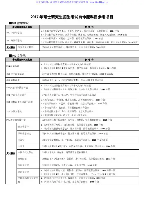 2017年湖北大学硕士研究生招生考试自命题科目参考书目