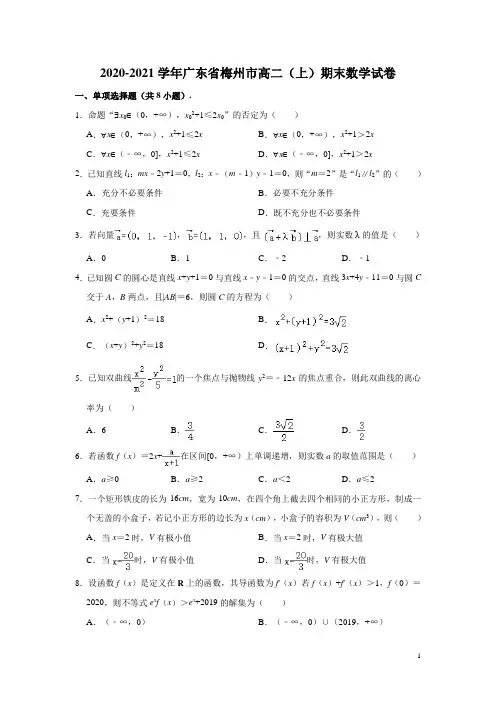 2020-2021学年广东省梅州市高二上学期期末考试数学试题 解析版