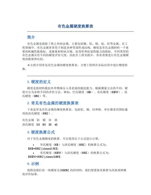 有色金属硬度换算表