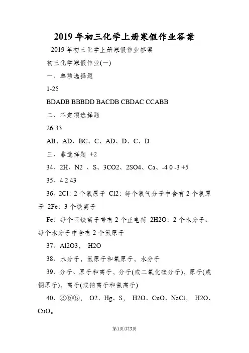 初三化学上册寒假作业答案