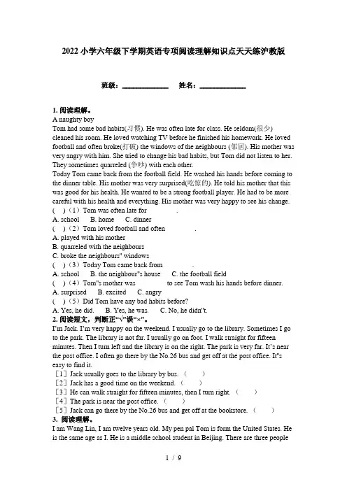 2022小学六年级下学期英语专项阅读理解知识点天天练沪教版