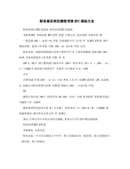 财务部各岗位绩效考核KPI指标大全