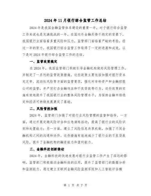 2024年11月银行综合监管工作总结(二篇)