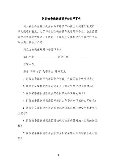岗位安全操作规程符合性评审表