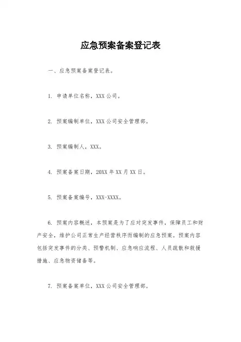 应急预案备案登记表