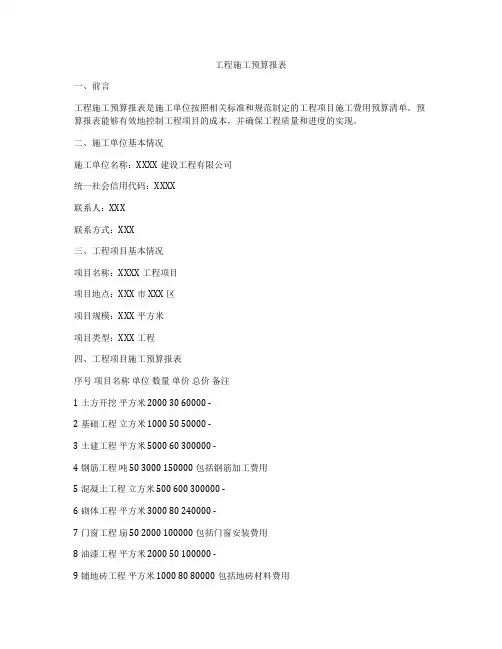 工程施工预算报表