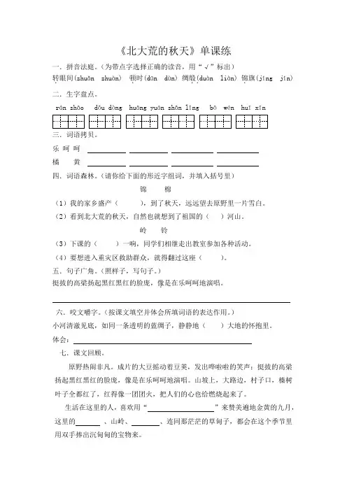 《北大荒的秋天》单课练及答案