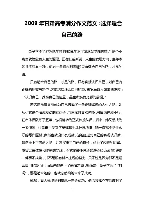 2009年甘肃高考满分作文范文：选择适合自己的路
