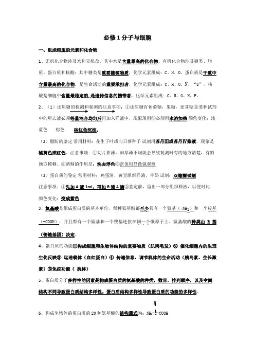 2023年北京会考生物学案分子与细胞分章知识点归纳新人教版必修
