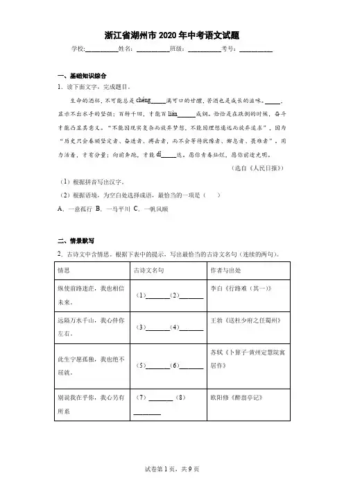 浙江省湖州市2020年中考语文试题