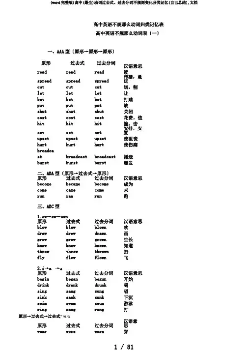 (word完整版)高中(最全)动词过去式、过去分词不规则变化分类记忆(自己总结),文档